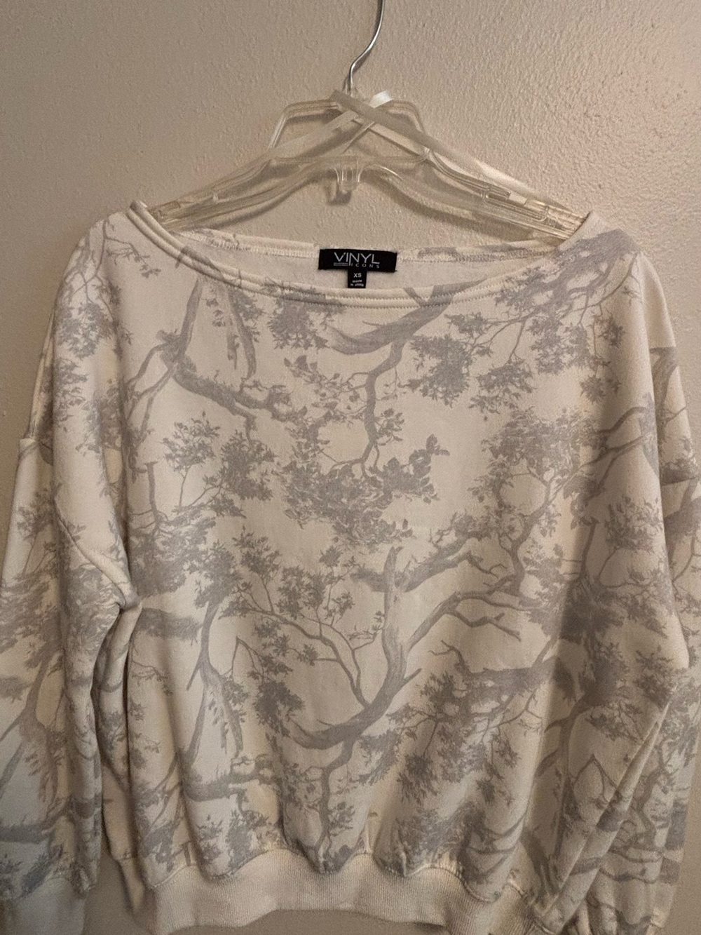 Off-the-Shoulder Cream Sweater with Gray Botanical Print